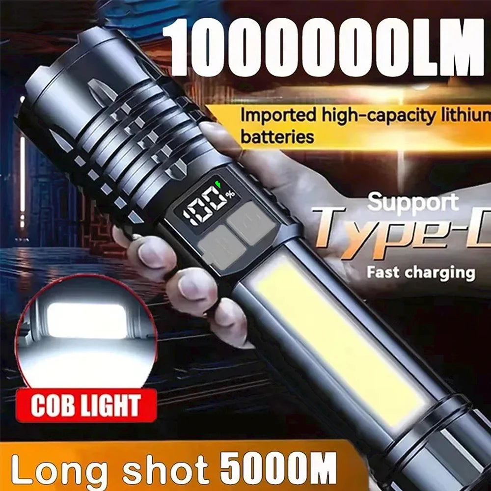 High Power LED Flashlight Powerful TYPE-C Rechargeable COB Flashlight With Side Light Torch For Outdoor Camping Hiking Imagen principal del producto