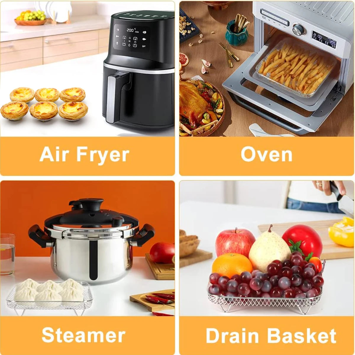 3Layer Air Fryer Racks Stainless Steel Square Air Fryer Basket Tray Stackable Dehydrator Racks Air Fryer Accessories Fit Kitchen