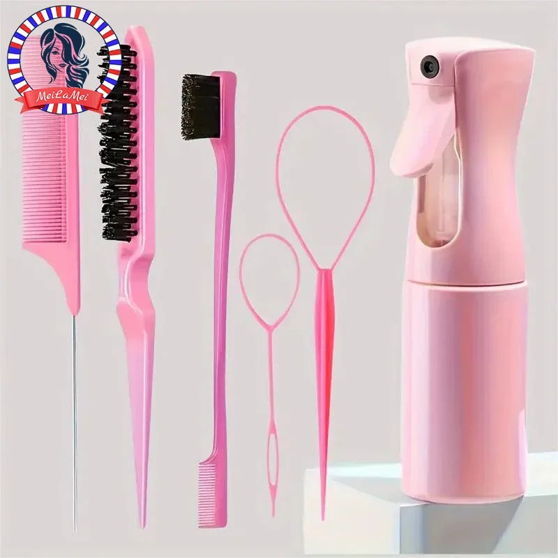 6pcs/Set Hair Brush Set Hairdressing Spray Bottle Hair Braiding Loop Rat Tail Comb Teasing Hair Brsuh Edge Control Hair Brush Imagen principal del producto