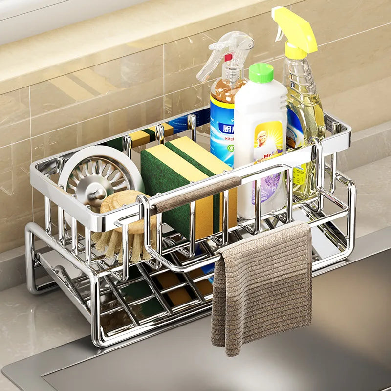 Kitchen Sponge Holder Stainless Steel Sink Drain Rack Soap Drainer Towel Rack Shelf Organizer bathroom Storage Accessories Imagen secundaria del producto
