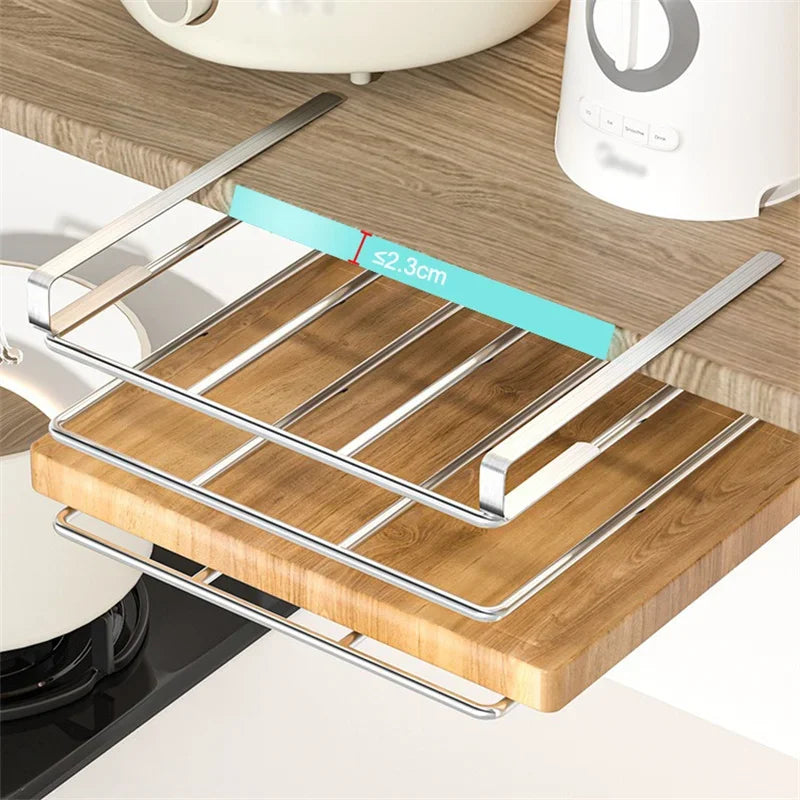 JUSTINLAU Stainless steel Kitchen Hanging Organizer Rack with Hook Paper Towel Rag Hanging Cutting Board Pot Cover Storage Shelf