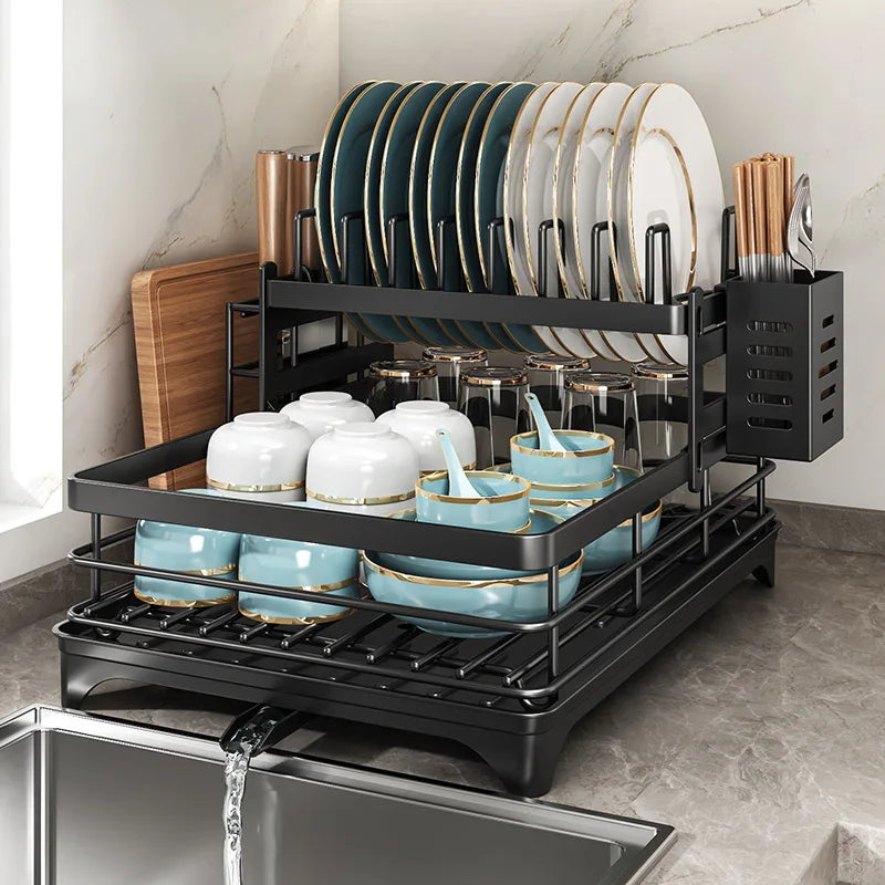 Stainless Steel Dish Drying Rack Adjustable Kitchen Plates Organizer with Drainboard Over Sink Plate Drainer Storage Organizer Image principale du produit