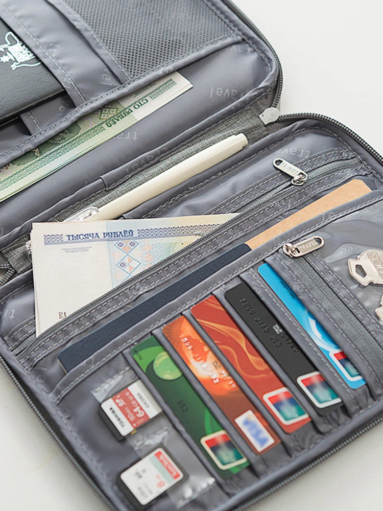 Travel Document Organizer - Waterproof Passport Holder with RFID Blocking, Multi-Card Slots & Zipper Pocket for Airplane/Train