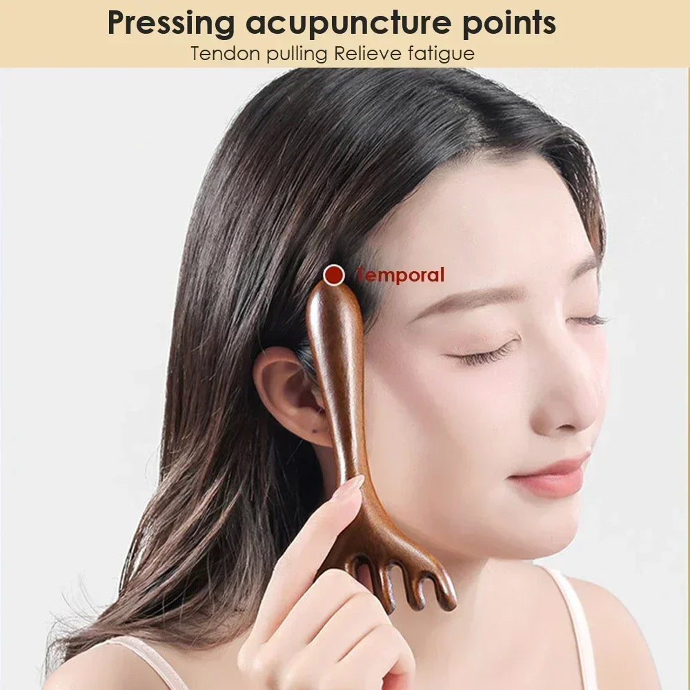 Natural Golden Sandalwood Five-Claw Scalp Massager Gua Sha Tool Back Scratcher Spa Handheld Meridian Massage Comb Hair Care