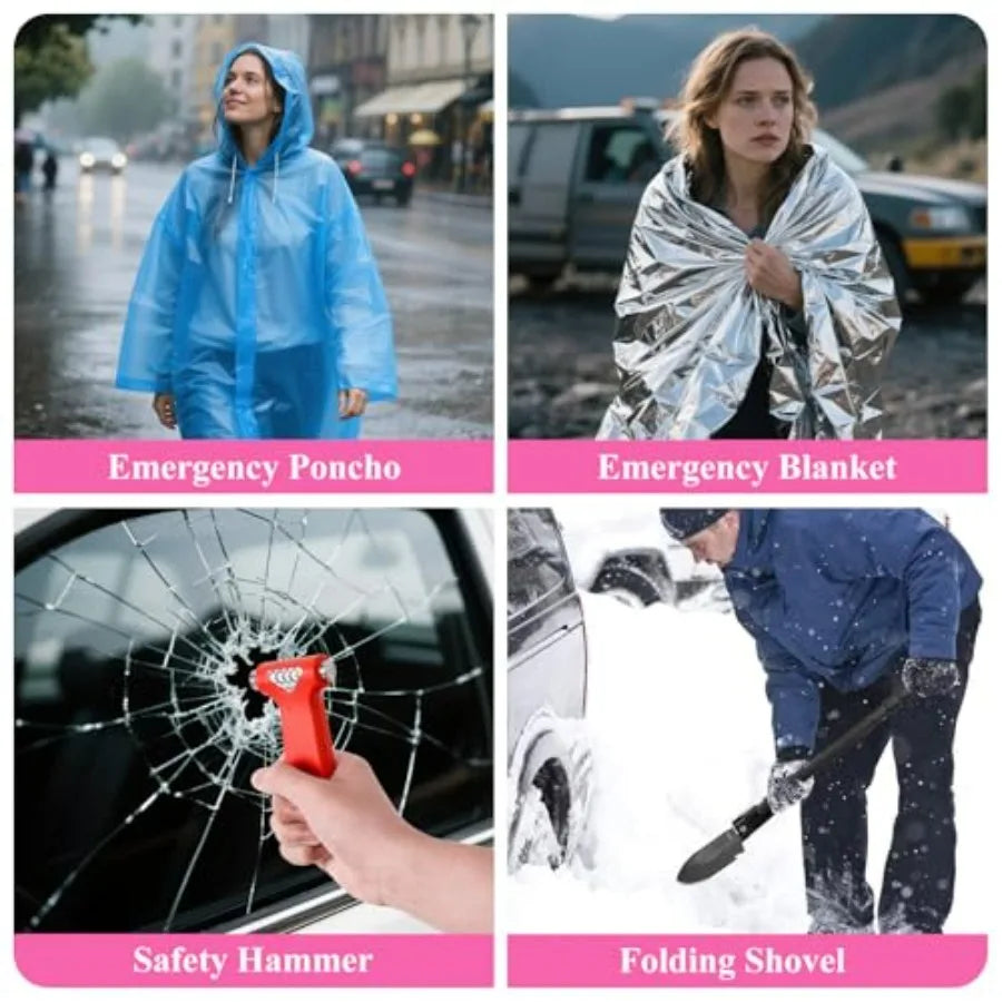 Car Roadside Emergency Kit Vehicle Truck Safety Emergency Road Side Assistance Kits with Jumper Cables Pink