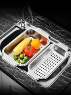 Stainless steel telescopic sink filter basket, adjustable length, used for cleaning fruits, draining spaghetti and dishes