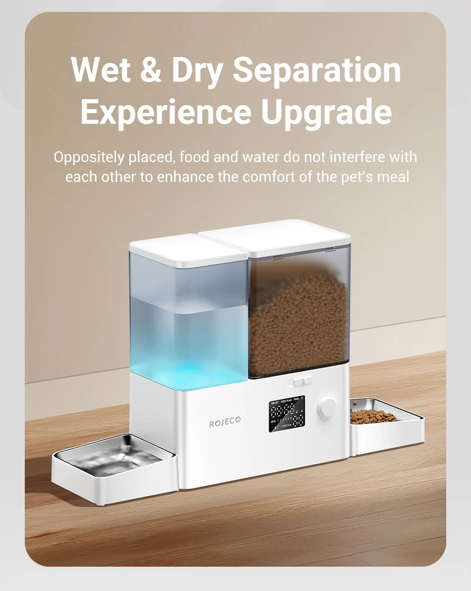 ROJECO 2In1 Automatic Pet Feeder Gravity Water Fountain 8.5L Button Version Auto Cat Kibble Dispenser with Water Refill Drinker
