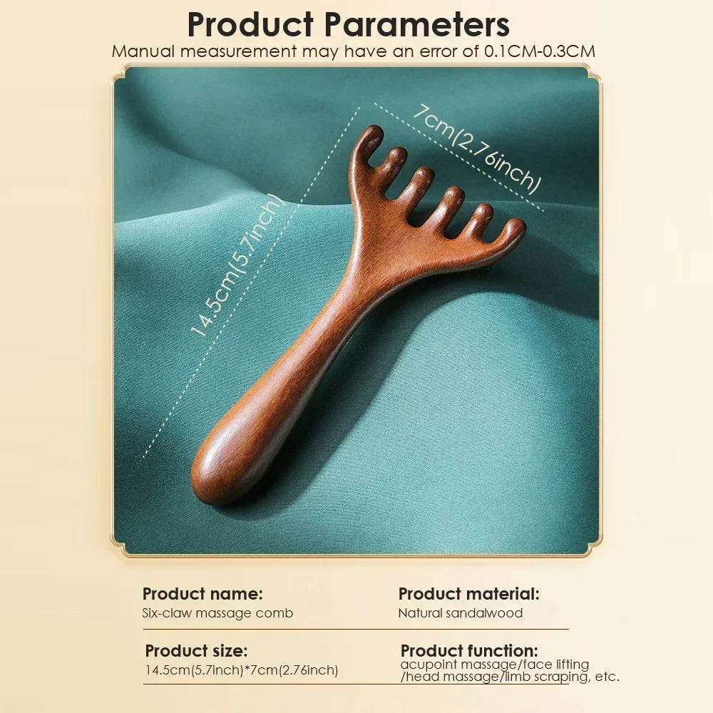 Natural Golden Sandalwood Five-Claw Scalp Massager Gua Sha Tool Back Scratcher Spa Handheld Meridian Massage Comb Hair Care