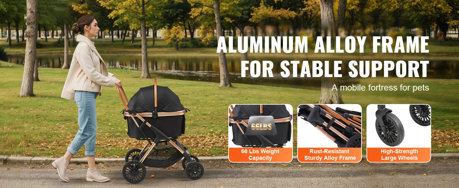 SucceBuy 66 lbs Pet Stroller Foldable Dog Puppy Stroller with Brakes Storage Basket Detachable Carrier for Small to Medium Dogs