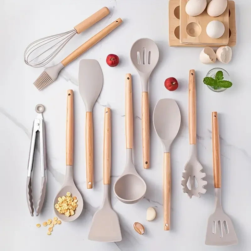 12pcs Set of Multi-color Silicone Wooden Handle Kitchenware Set Non Stick Pot Spatula and Spoon Cooking Utensils, Heat-resistant Imagen secundaria del producto