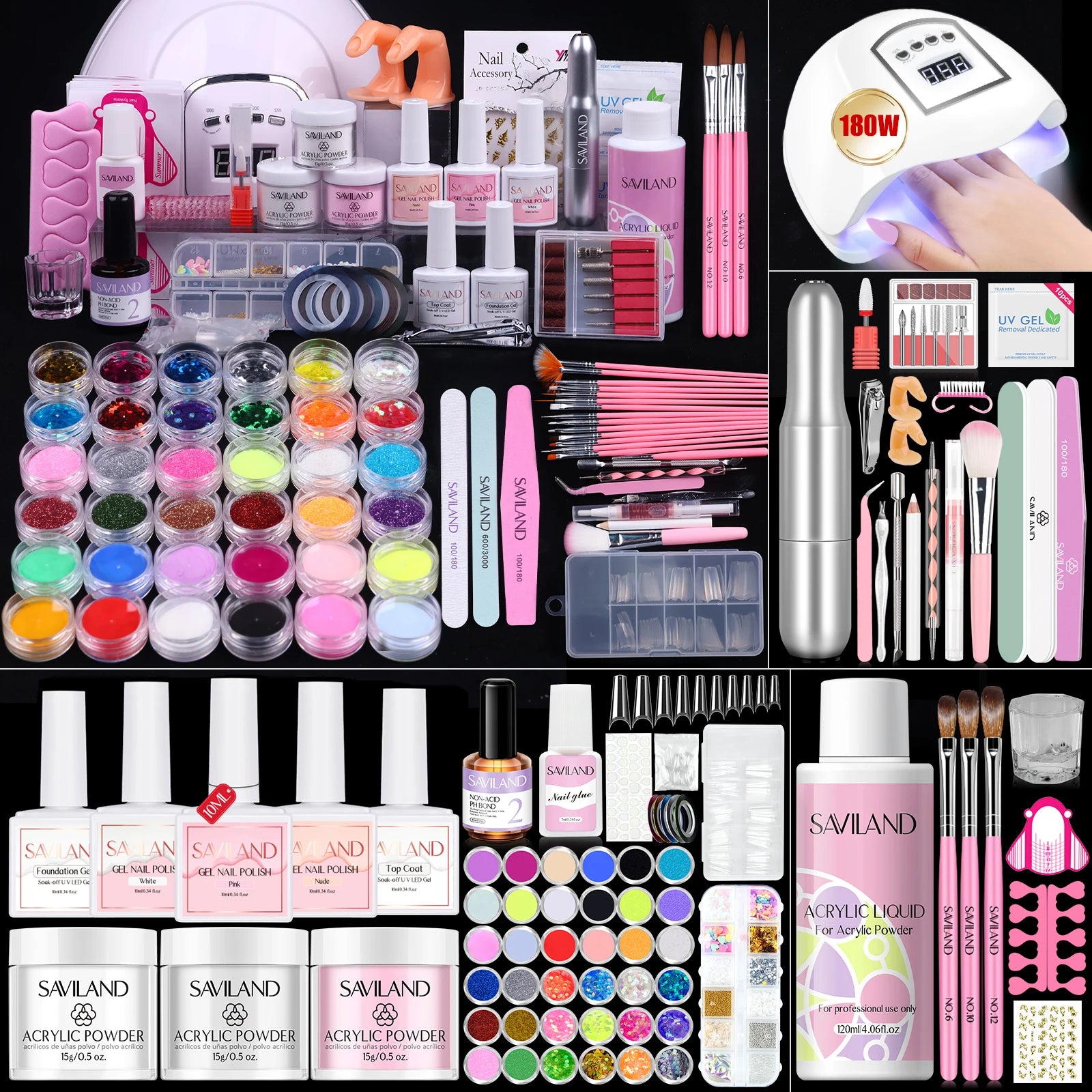 SAVILAND Complete Acrylic Nail Kit for Beginners with Keratin Powder Castor Oil Gel Polish 180W Lamp Nail Drill Full Set Tools Imagen principal del producto