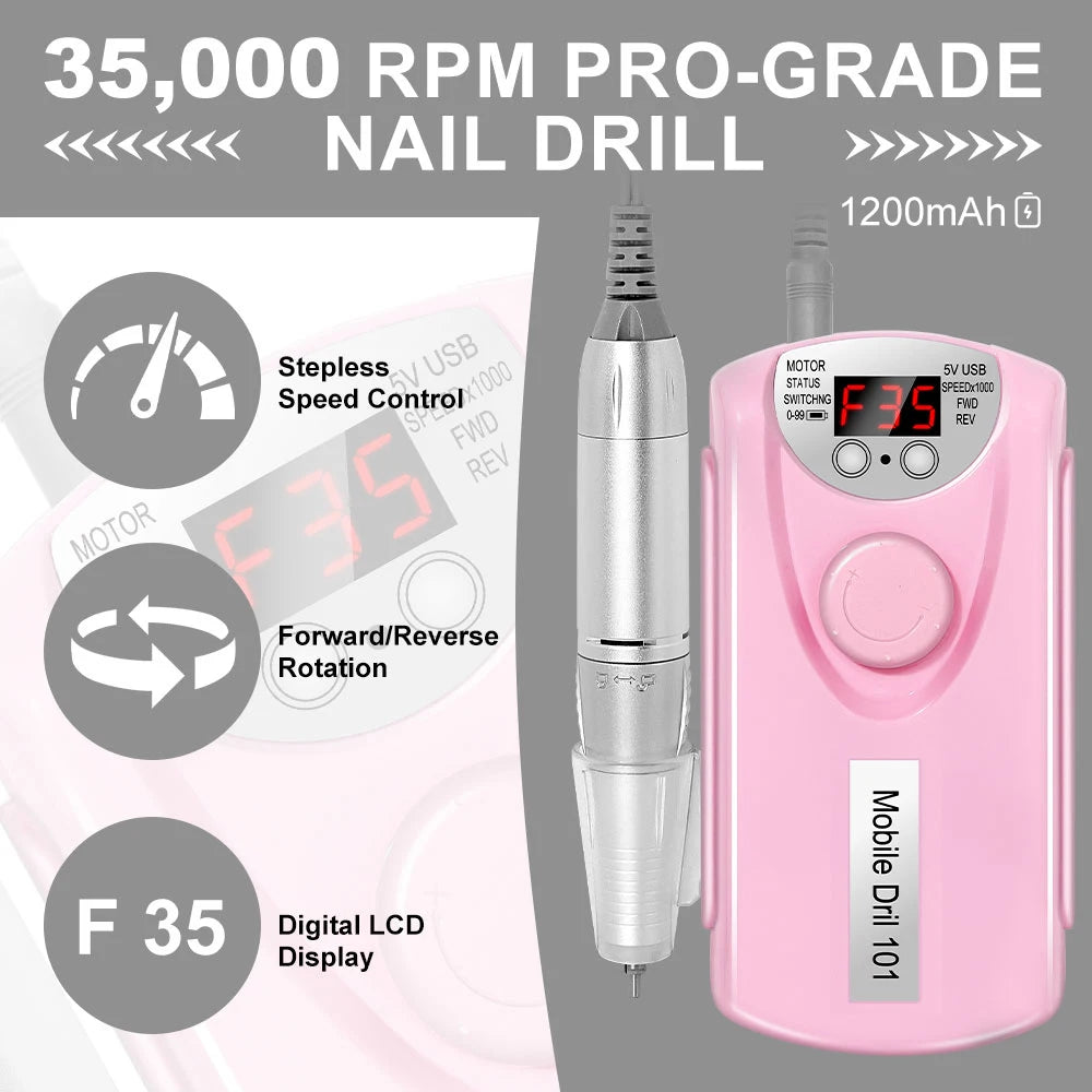 35000RPM Nail Drill Machine for Nails Rechargeable Manicure Low Noise Professional Electric Nail Drill Motor Polishe Sander Tool