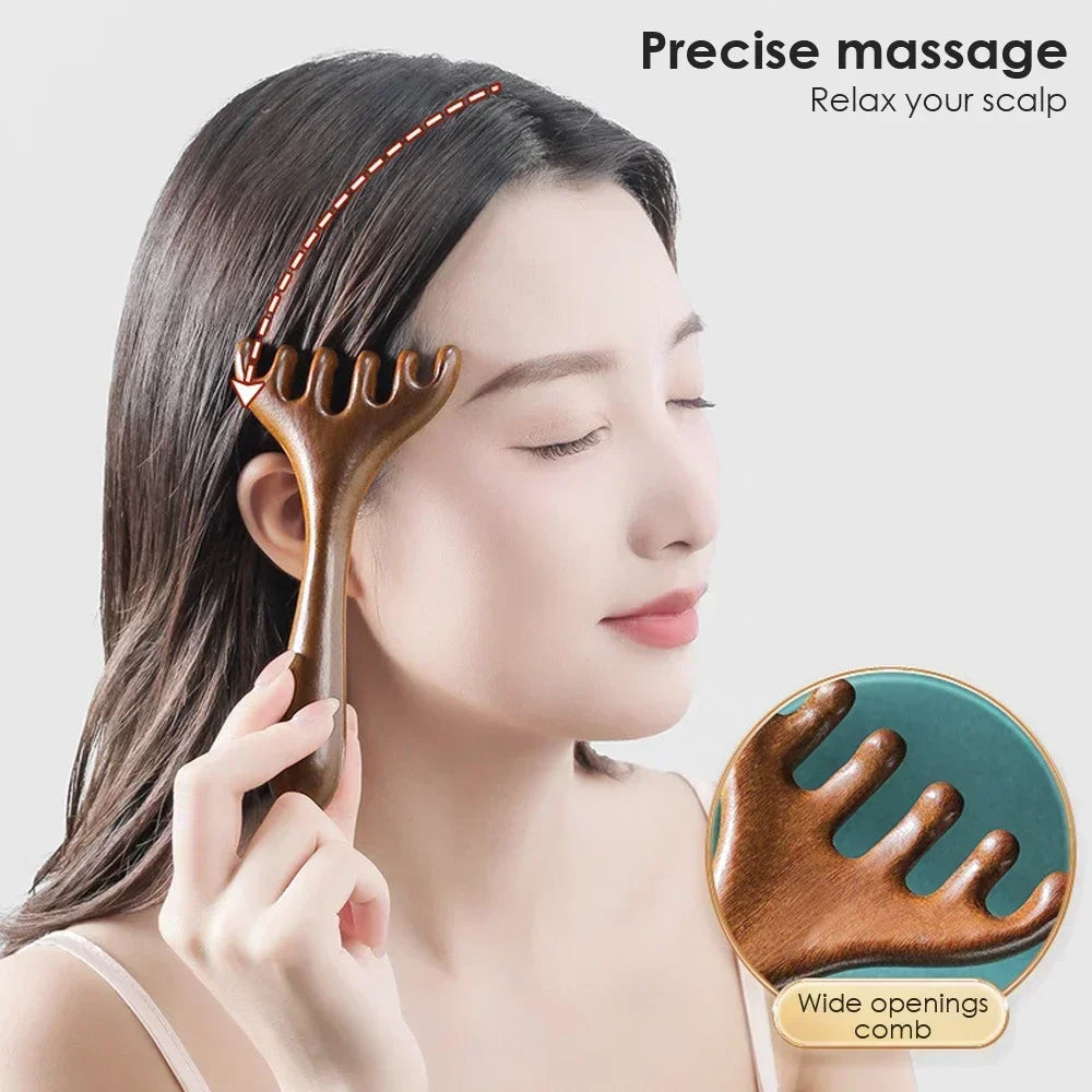 Natural Golden Sandalwood Five-Claw Scalp Massager Gua Sha Tool Back Scratcher Spa Handheld Meridian Massage Comb Hair Care