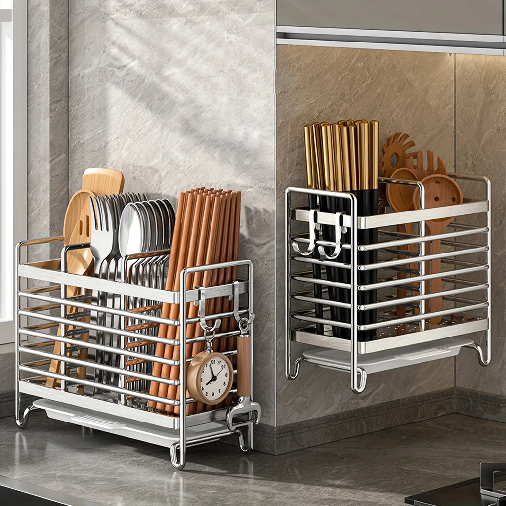 No-Drill Wall-Mounted Utensil Holder. Stainless Steel Space-Saving Organizer for Kitchen Cutlery, Ideal for Small Spaces.