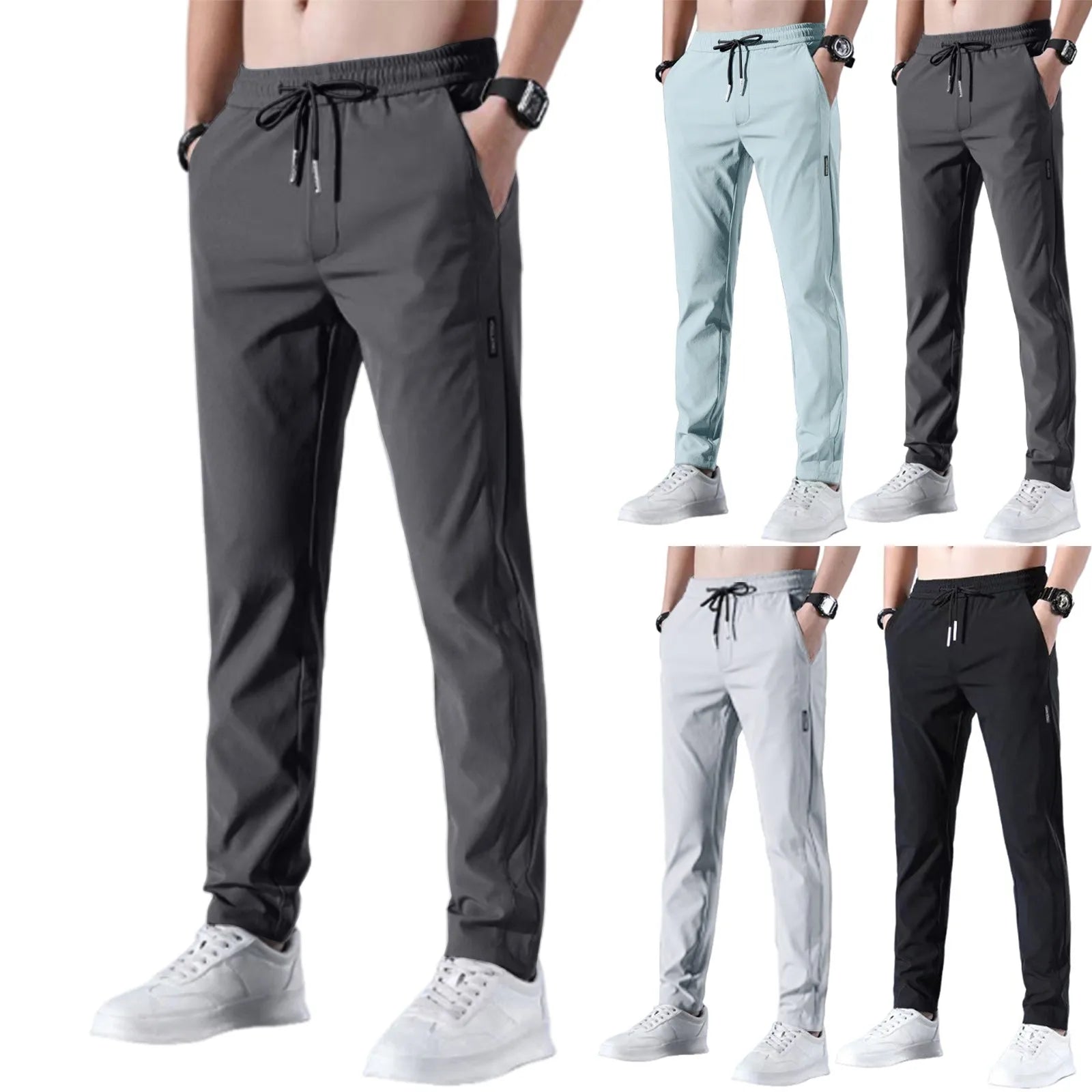 Men Fast Dry Stretch Pants Ice Silk Trousers Solid Color Mid-Waist Loose Breathable Straight-Leg Casual Pants Thin Sports Pants Imagem secundária do produto
