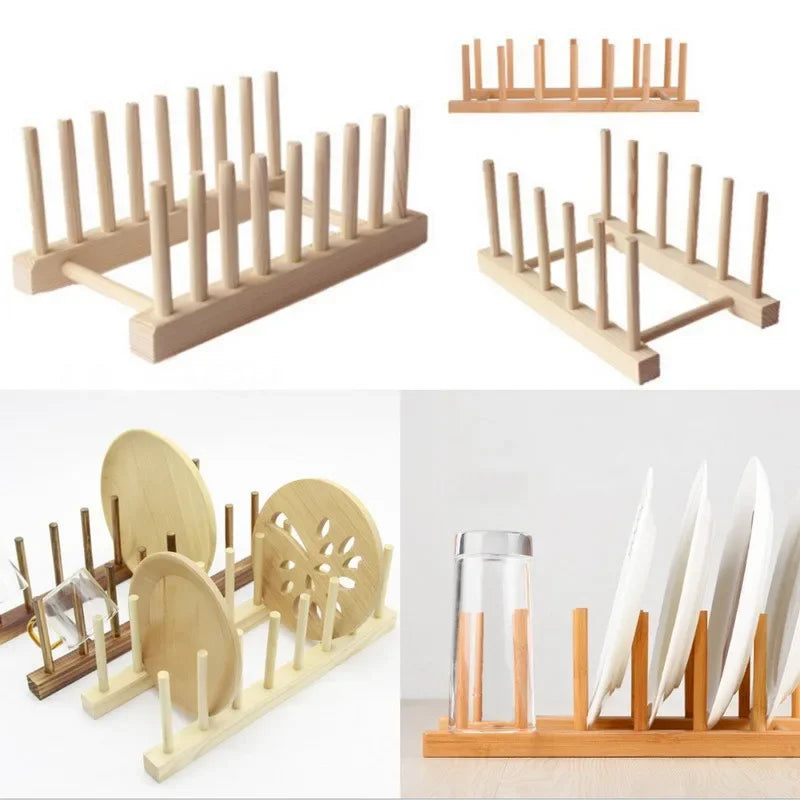 Wooden Dish Drainer Rack Kitchen Dishes Stand Plate Dish Drying Rack Pot Lid Racks Kitchen Organizer Drying Cups Display Shelf