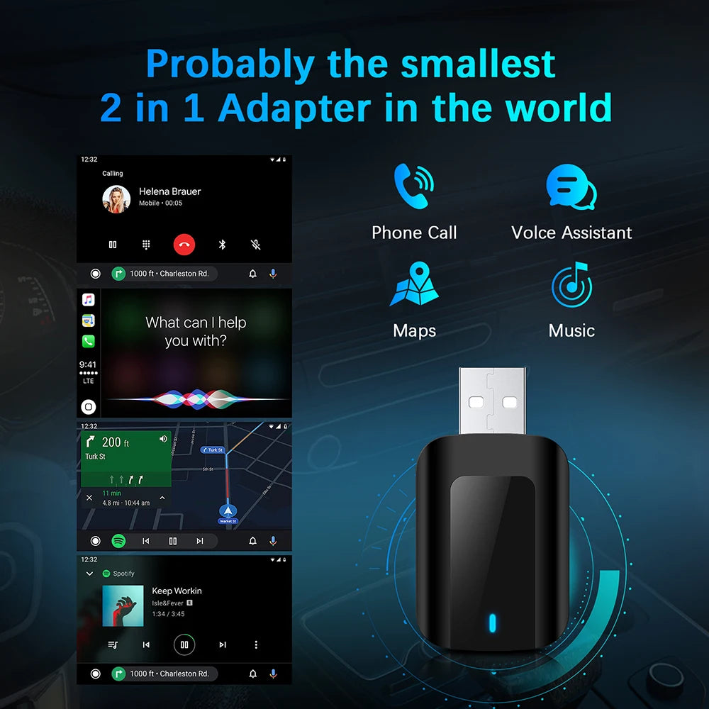 2 in 1 AI Box Mini Adapter Wired to Wireless Carplay&Android Auto Compatible with 99% of Cars Plug and Play WiFi Smart Dongle