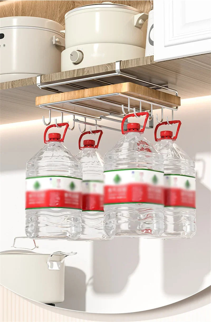 JUSTINLAU Stainless steel Kitchen Hanging Organizer Rack with Hook Paper Towel Rag Hanging Cutting Board Pot Cover Storage Shelf