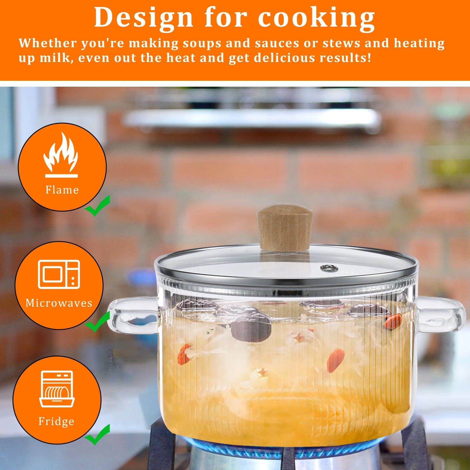 Glass Saucepan Clear Cooking Pot with Lid 1.6L Heat Resistant Glass Soup Pot Dual Handles Glass Saucepan Kitchen Cooking Tools Imagen secundaria del producto