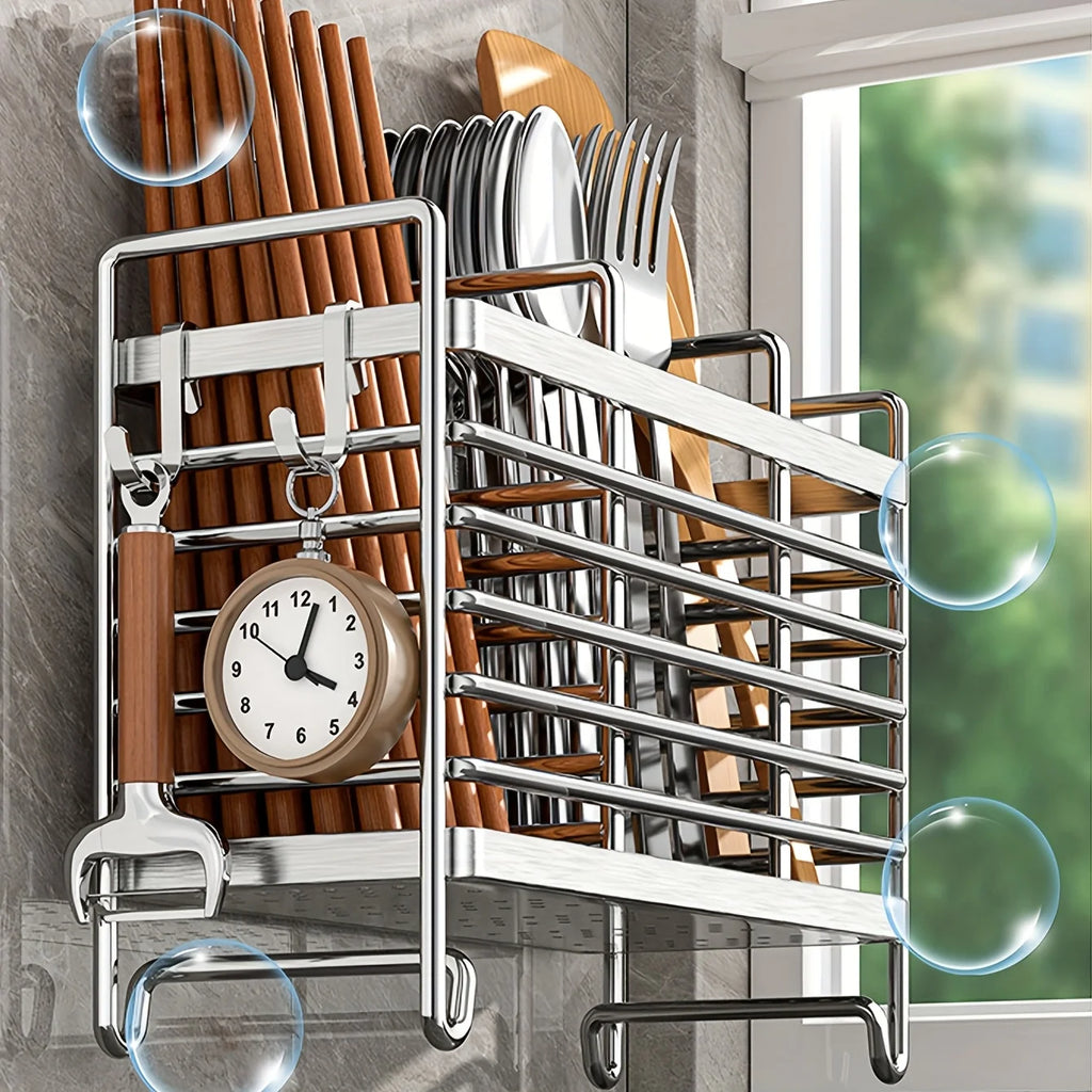 No-Drill Wall-Mounted Utensil Holder. Stainless Steel Space-Saving Organizer for Kitchen Cutlery, Ideal for Small Spaces.