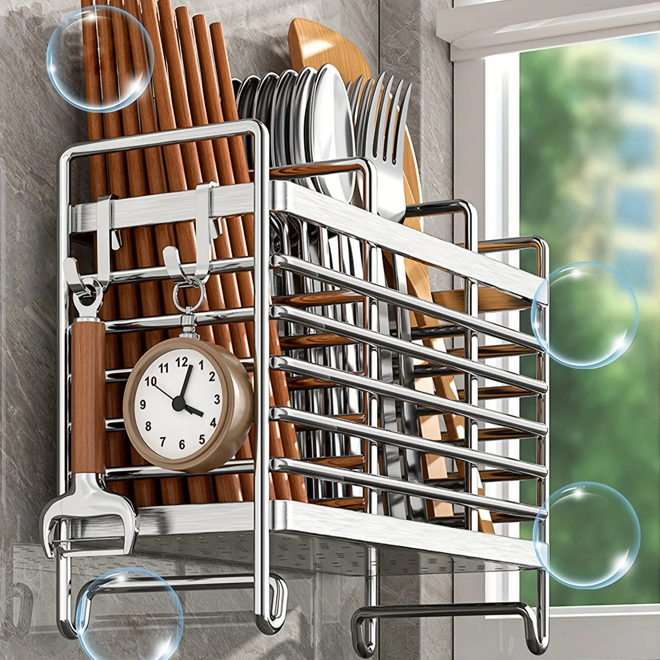 No-Drill Wall-Mounted Utensil Holder. Stainless Steel Space-Saving Organizer for Kitchen Cutlery, Ideal for Small Spaces.