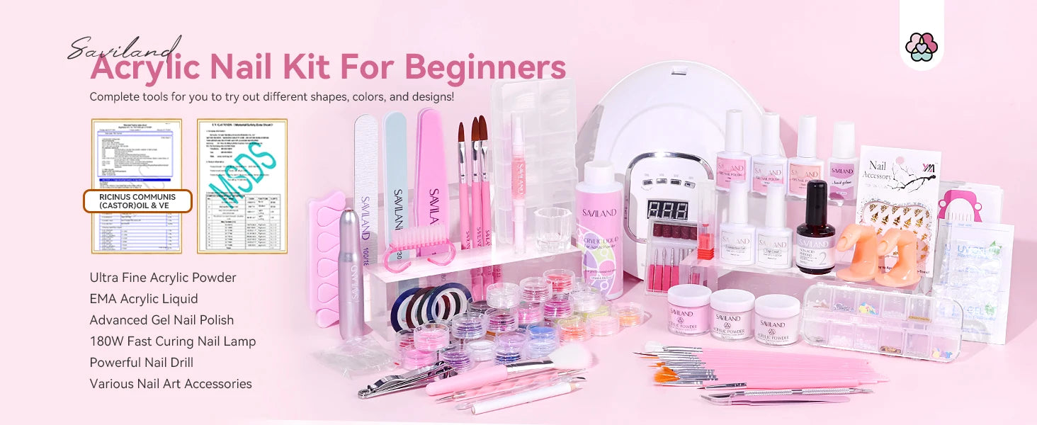 SAVILAND Complete Acrylic Nail Kit for Beginners with Keratin Powder Castor Oil Gel Polish 180W Lamp Nail Drill Full Set Tools