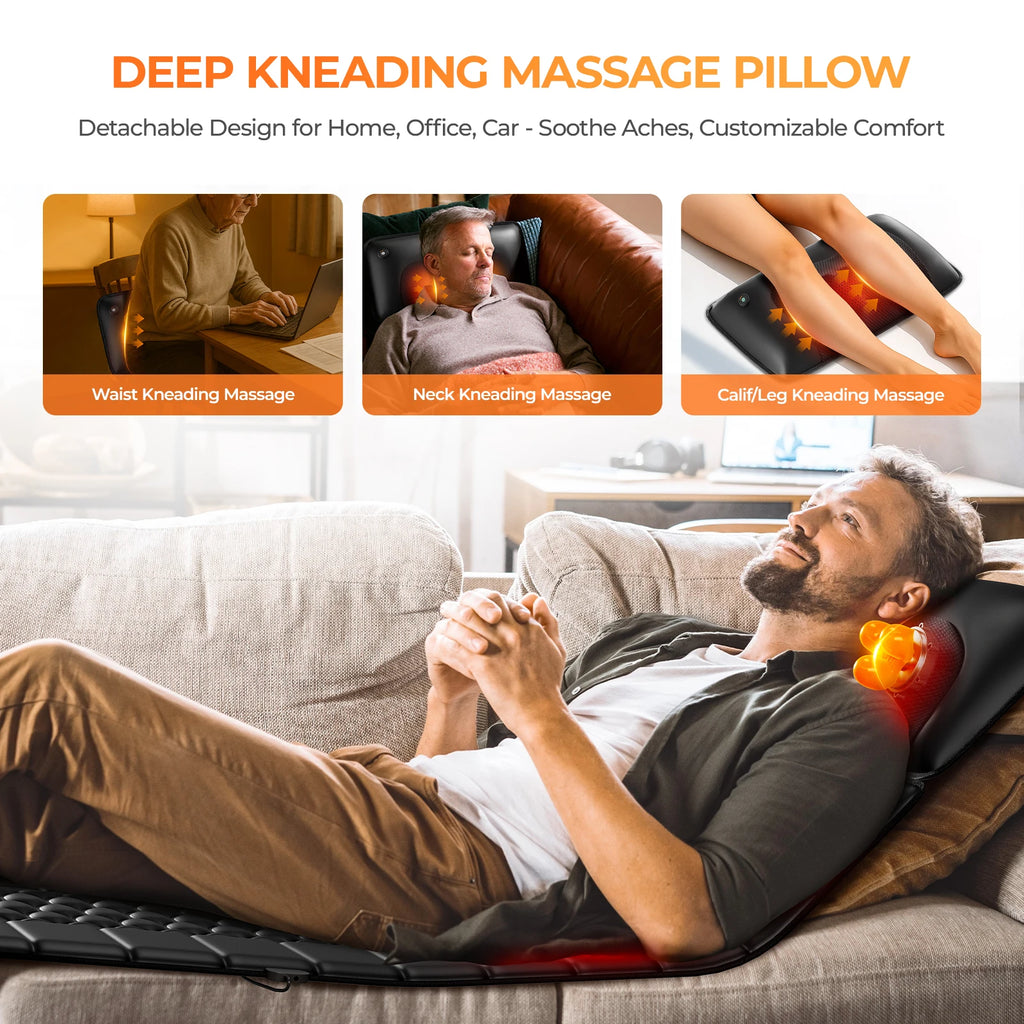 Shiatsu Full Body Massage Mat with Heat, Detachable Massager Pad, 10 Vibrating Motors, 9 Intensity Levels, Relax at Home Office
