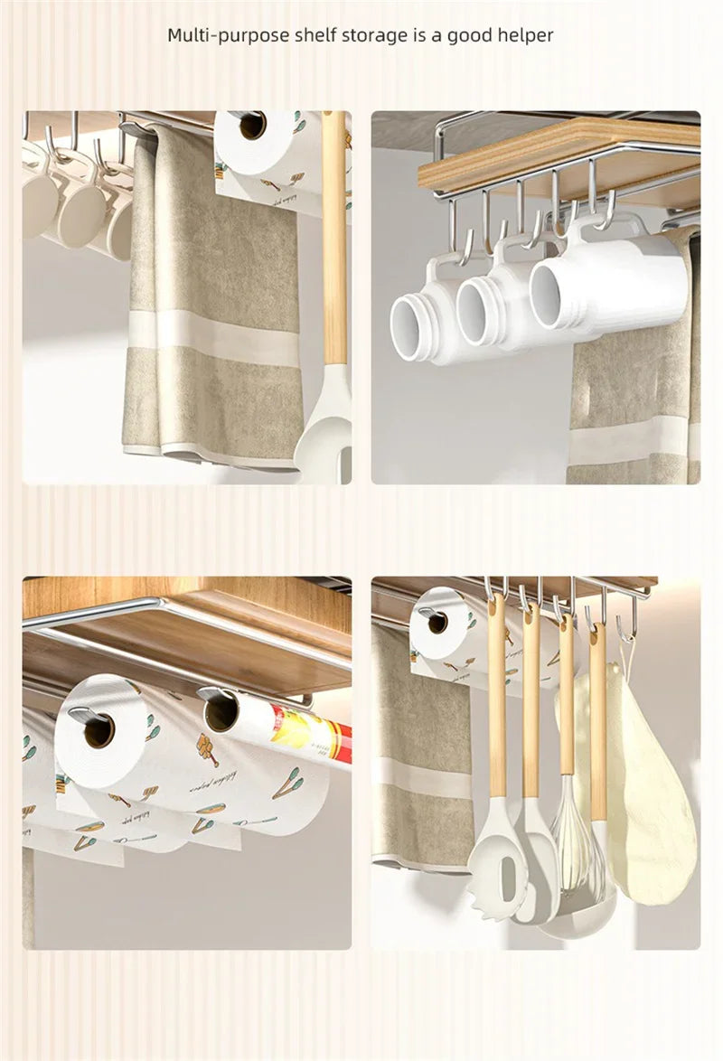 JUSTINLAU Stainless steel Kitchen Hanging Organizer Rack with Hook Paper Towel Rag Hanging Cutting Board Pot Cover Storage Shelf