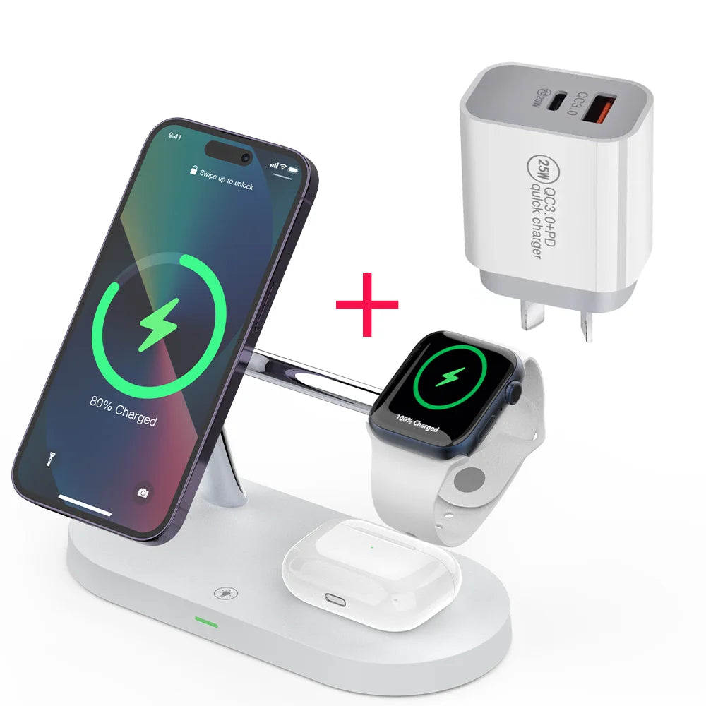 3 in 1 Wireless Charger Stand Magnetic For iPhone 12 13 14 15 Fast Charging Station for Apple Watch 9 8 7 6 5 Airpods 2 3 Pro