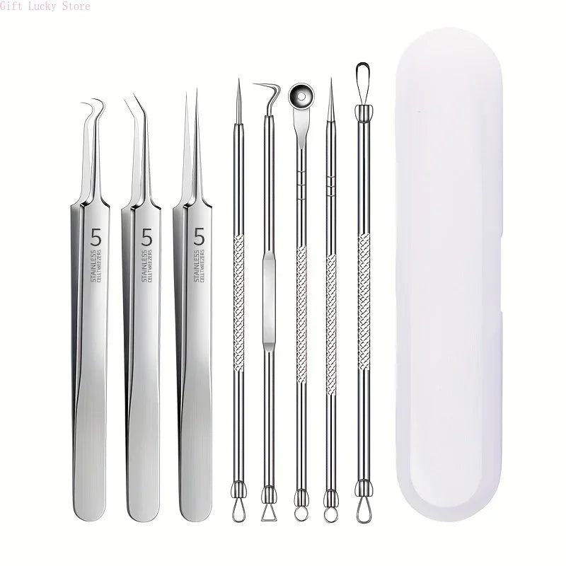 8pcs Professional Skin Care Tools Stainless Steel Pimple Extractors & Needles - for Blackhead Removal, Acne Treatment