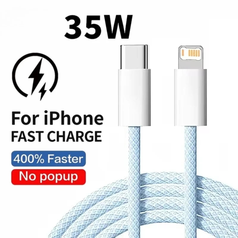 Braided 35W Fast Charge PD Cable For iPhone 13 14 Pro Max 11 12 mini X XR XS Max 7 8 Plus Quick Charging USB-C Data Cables 1m 2m