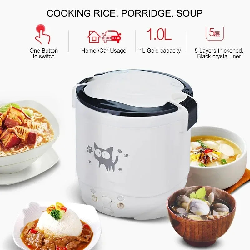 Electric Mini Rice Cooker Portable MultiCooker Household Rice Cookers 12V 24V 220V Pot Cooking Machine Pans For Car Truck Home Imagen secundaria del producto