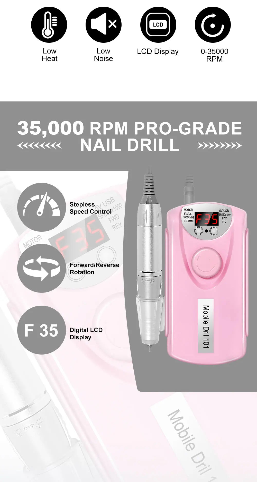 35000RPM Nail Drill Machine for Nails Rechargeable Manicure Low Noise Professional Electric Nail Drill Motor Polishe Sander Tool