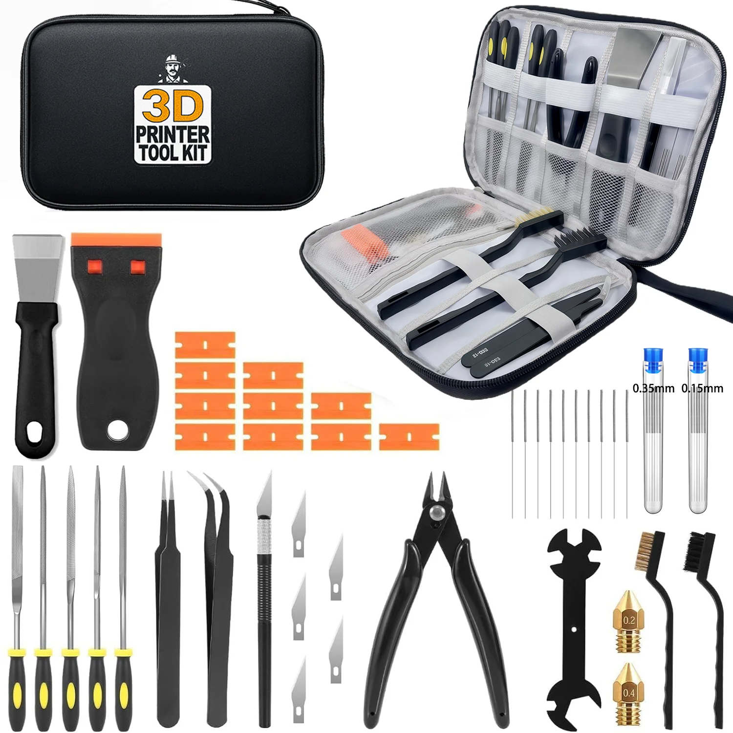 3D Printer Tool Kit 34PCS Maintenance with Nozzle Cleaning Tools, Scraper, Brushes, File Set, Cutter, Knife for FDM/SLA Printers
