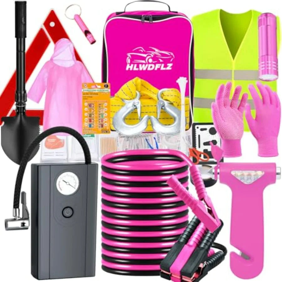 Car Roadside Emergency Kit Vehicle Truck Safety Emergency Road Side Assistance Kits with Jumper Cables Pink