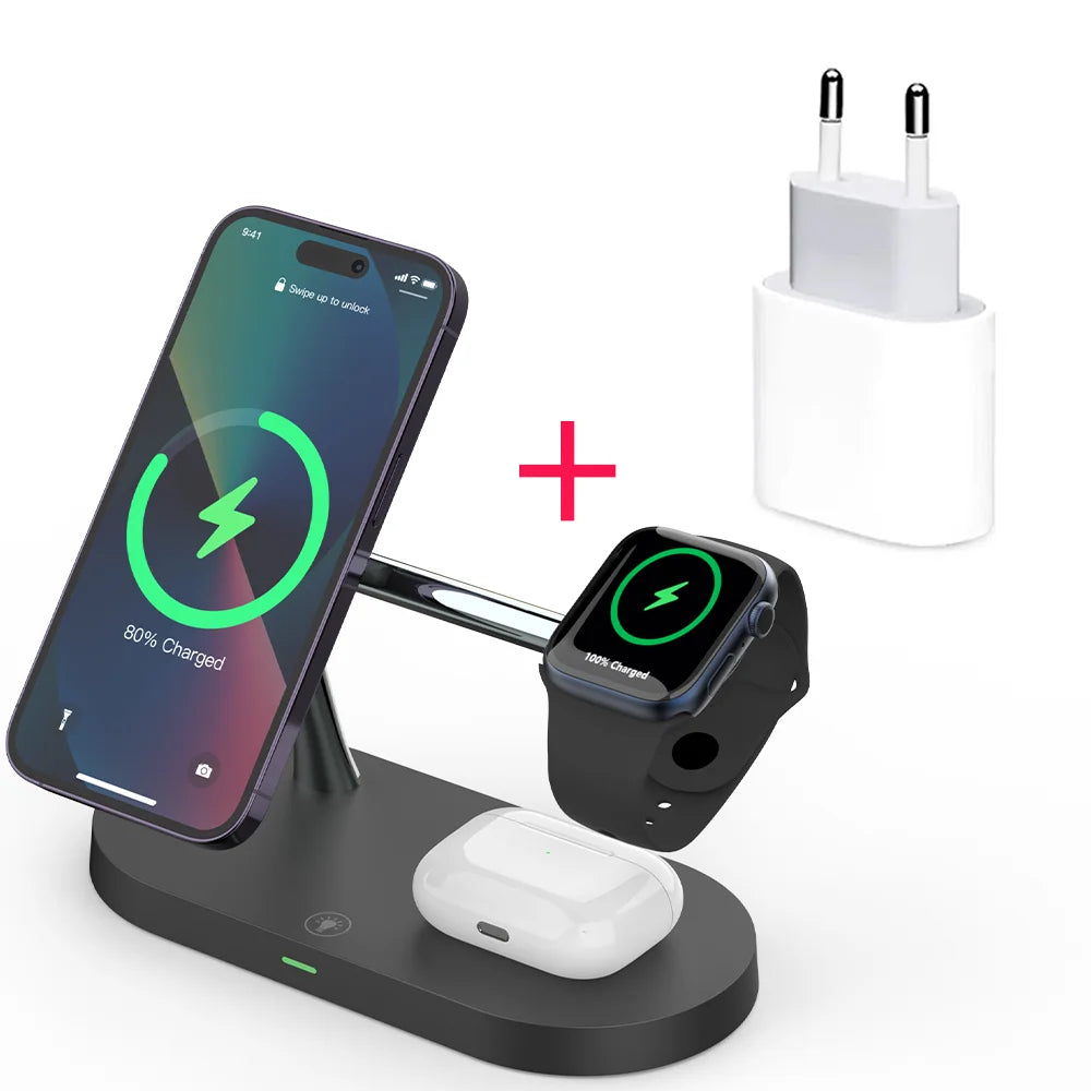3 in 1 Wireless Charger Stand Magnetic For iPhone 12 13 14 15 Fast Charging Station for Apple Watch 9 8 7 6 5 Airpods 2 3 Pro