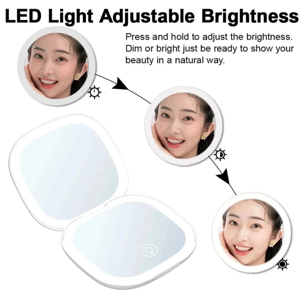 Portable LED Travel Makeup Mirror with 2X Magnification and Three Level Dimming - Double Sided, Handheld, Compact and Folding
