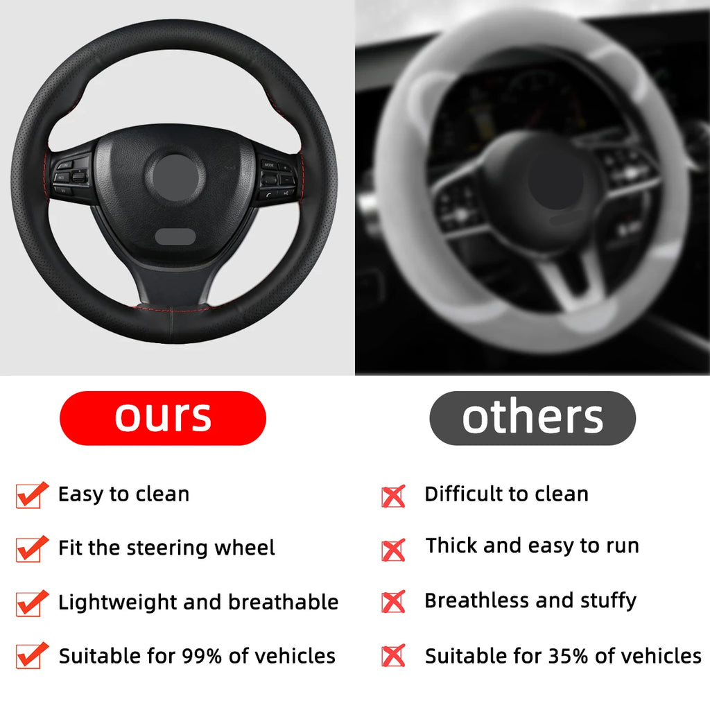 Universal Leather Car Steering Wheel Stitch On Wrap Cover Fit for 38cm 14" DIY Sewing Breathable and Anti Slip Black Grey Beige