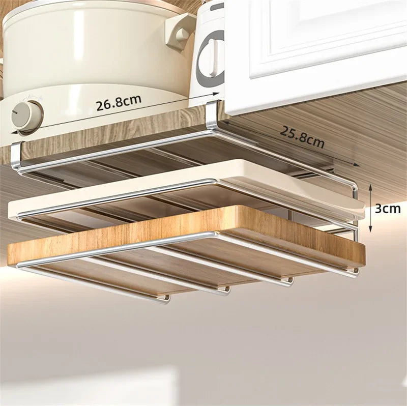 JUSTINLAU Stainless steel Kitchen Hanging Organizer Rack with Hook Paper Towel Rag Hanging Cutting Board Pot Cover Storage Shelf