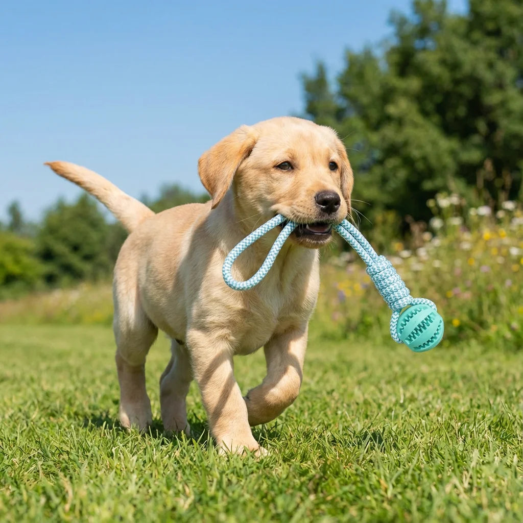 Cotton Rope & Rubber Dog Chew Ball, Treat Dispenser Toy. 18x13cm, Durable, for Boredom & Teething Imagen principal del producto
