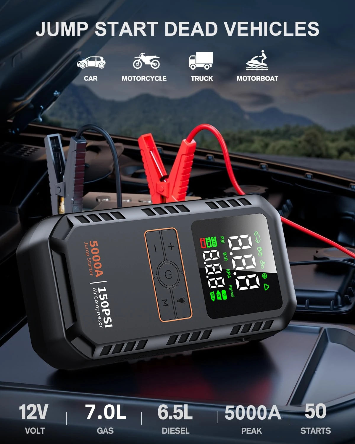 4-IN-1 Car Jump Starter with Air Compressor Peak 5000A Auto Battery Booster 150PSI Air Pump Portable Power Bank Tire Inflator Imagen secundaria del producto