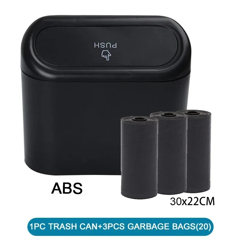 The covered car trash can contains 3 black garbage bags. The small car trash can is leak proof and miniature Secondary image
