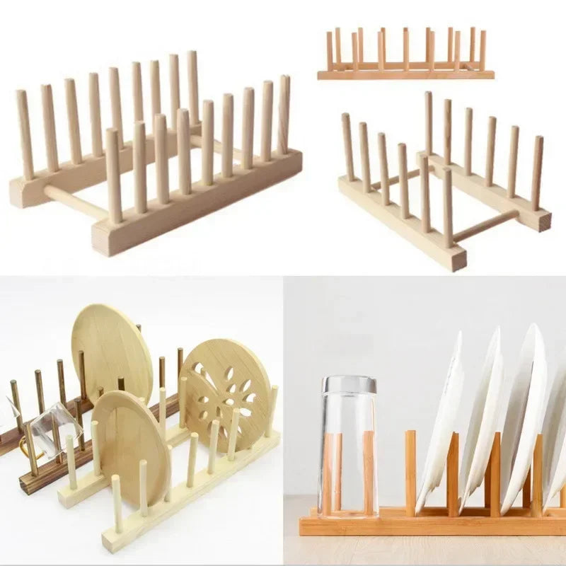 Wooden Dish Drainer Rack Kitchen Dishes Stand Plate Dish Drying Rack Pot Lid Racks Kitchen Organizer Drying Cups Display Shelf Imagen secundaria del producto