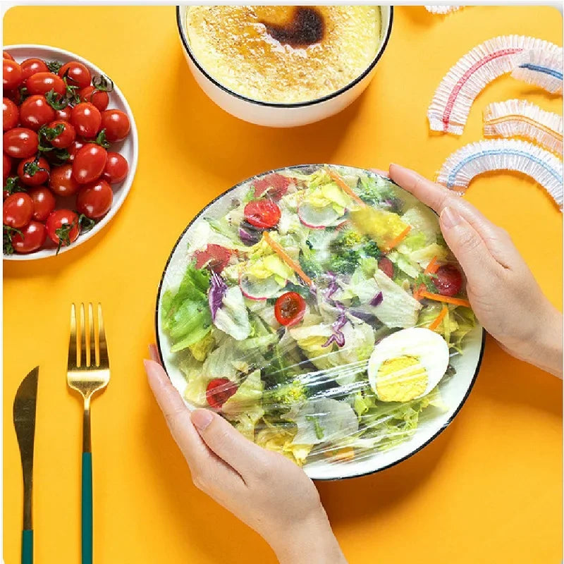 100 Pcs Elastic Food Covers, Disposable Plastic Bowl Lids for Fruit & Vegetable Storage, Freshness Seal Wraps