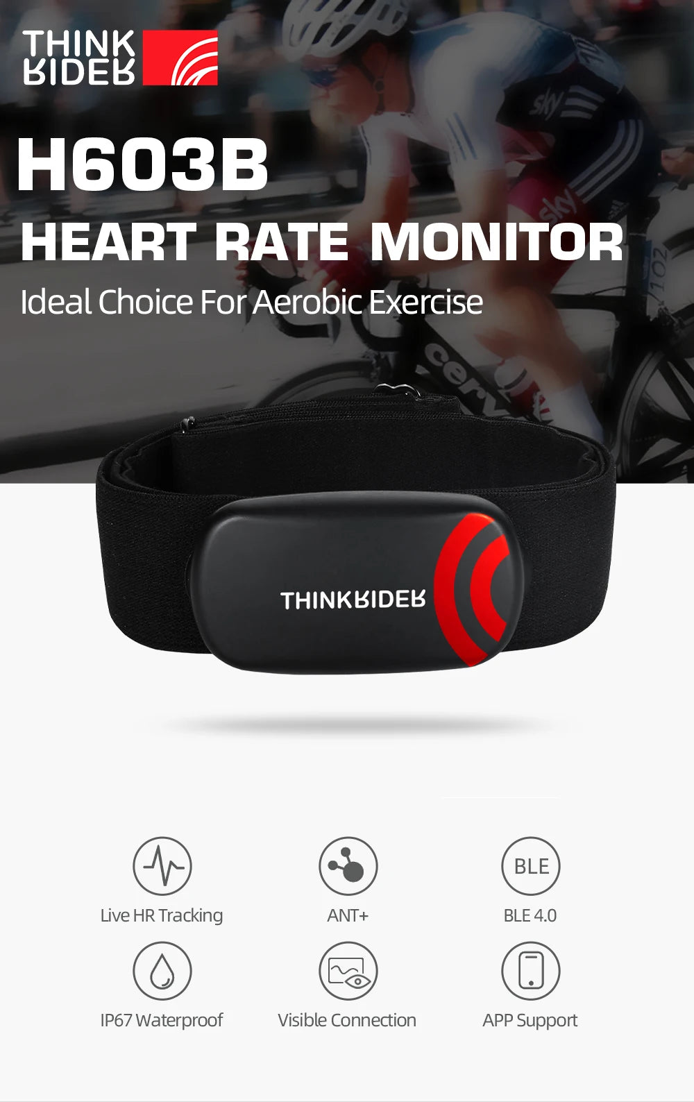 ThinkRider Heart Rate Monitor Chest Strap ANT+ BLE 4.0 Fitness Sensor Compatible Belt Wahoo Polar Garmin Connected Cycl