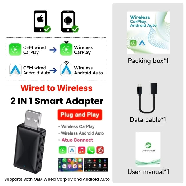 2 in 1 AI Box Mini Adapter Wired to Wireless Carplay&Android Auto Compatible with 99% of Cars Plug and Play WiFi Smart Dongle Image principale du produit