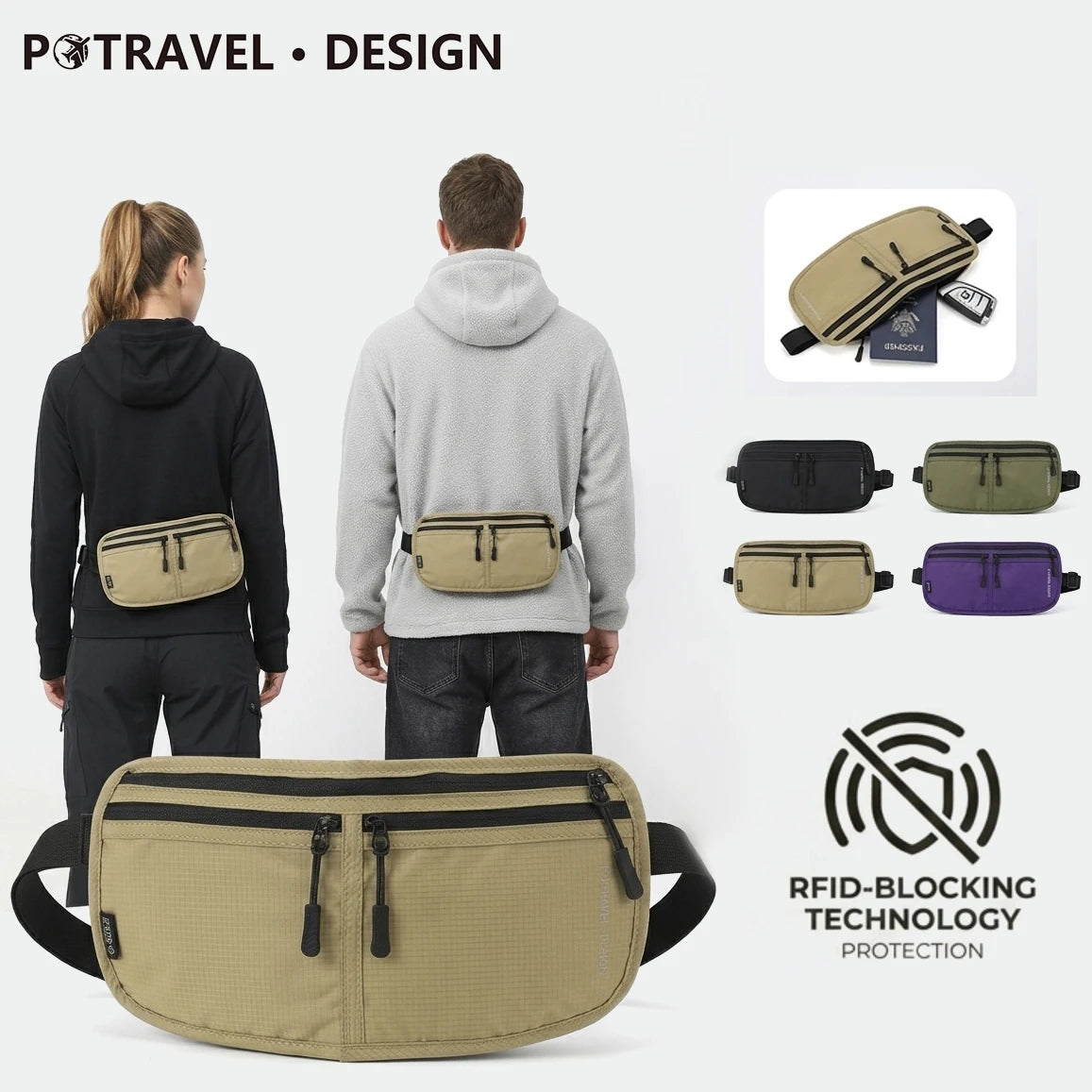 Travel Money Belt Waist Bag Waterproof RFID Blocking Anti-Theft Passport Holder Hidden Pocket Secure Waist Pouch Fanny Pack for