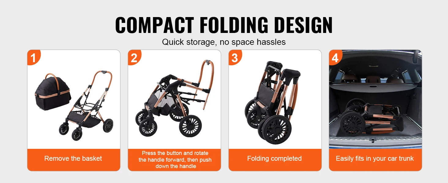 SucceBuy 66 lbs Pet Stroller Foldable Dog Puppy Stroller with Brakes Storage Basket Detachable Carrier for Small to Medium Dogs
