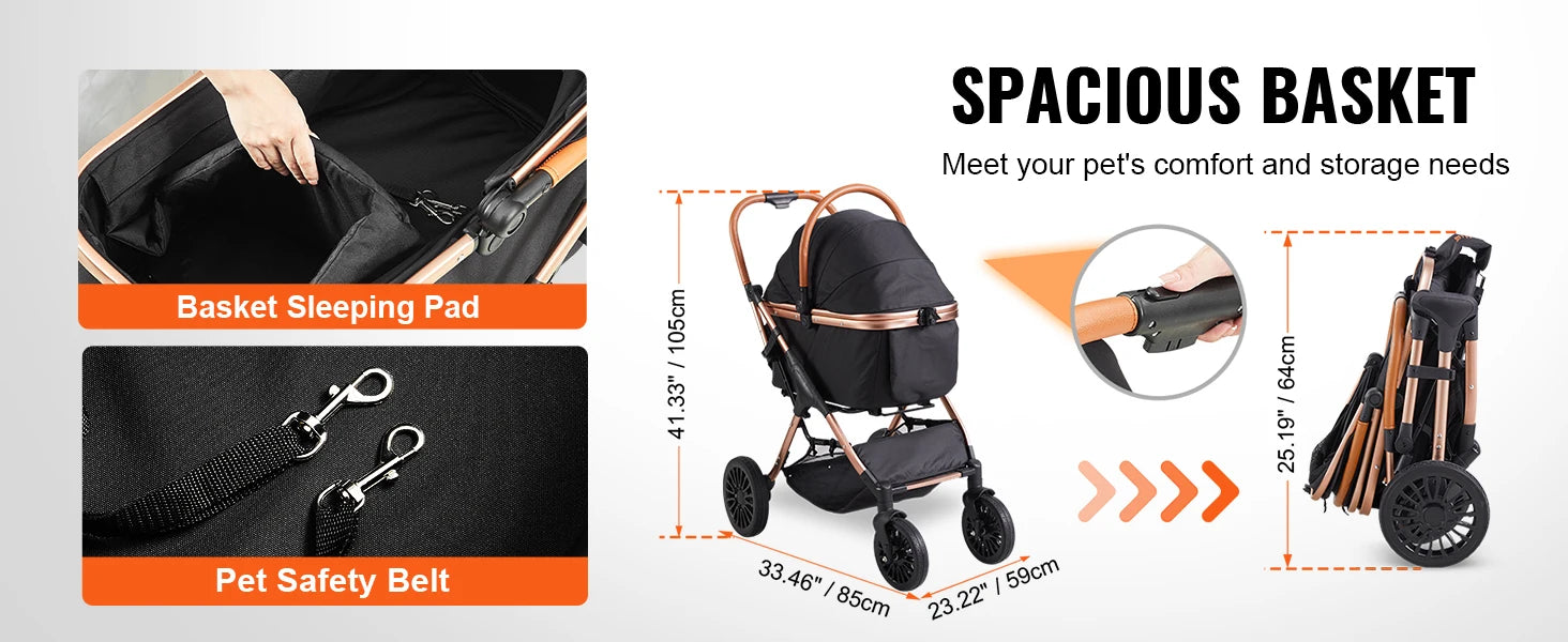SucceBuy 66 lbs Pet Stroller Foldable Dog Puppy Stroller with Brakes Storage Basket Detachable Carrier for Small to Medium Dogs