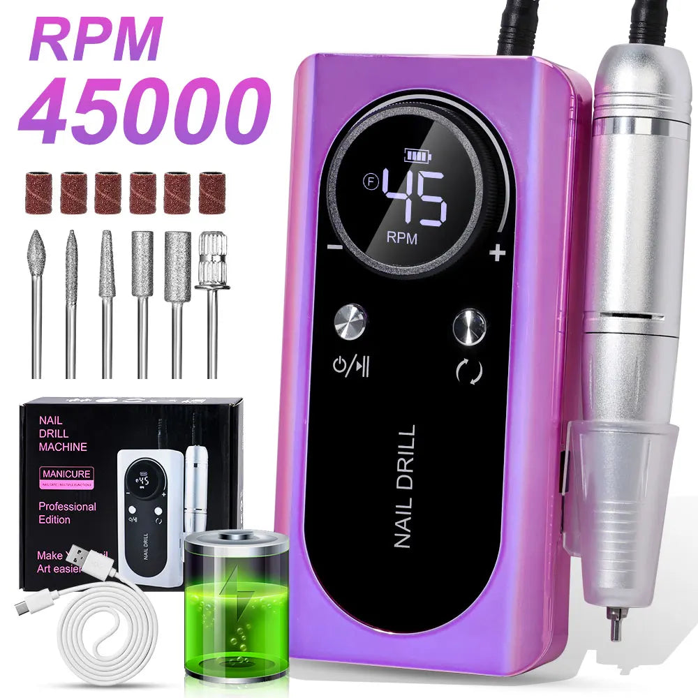 45000RPM Electric Nail Drill File Rechargeable Electric Nail Polishing Machine for Acrylic Gel Dip Powder Manicure Pedicure Tool